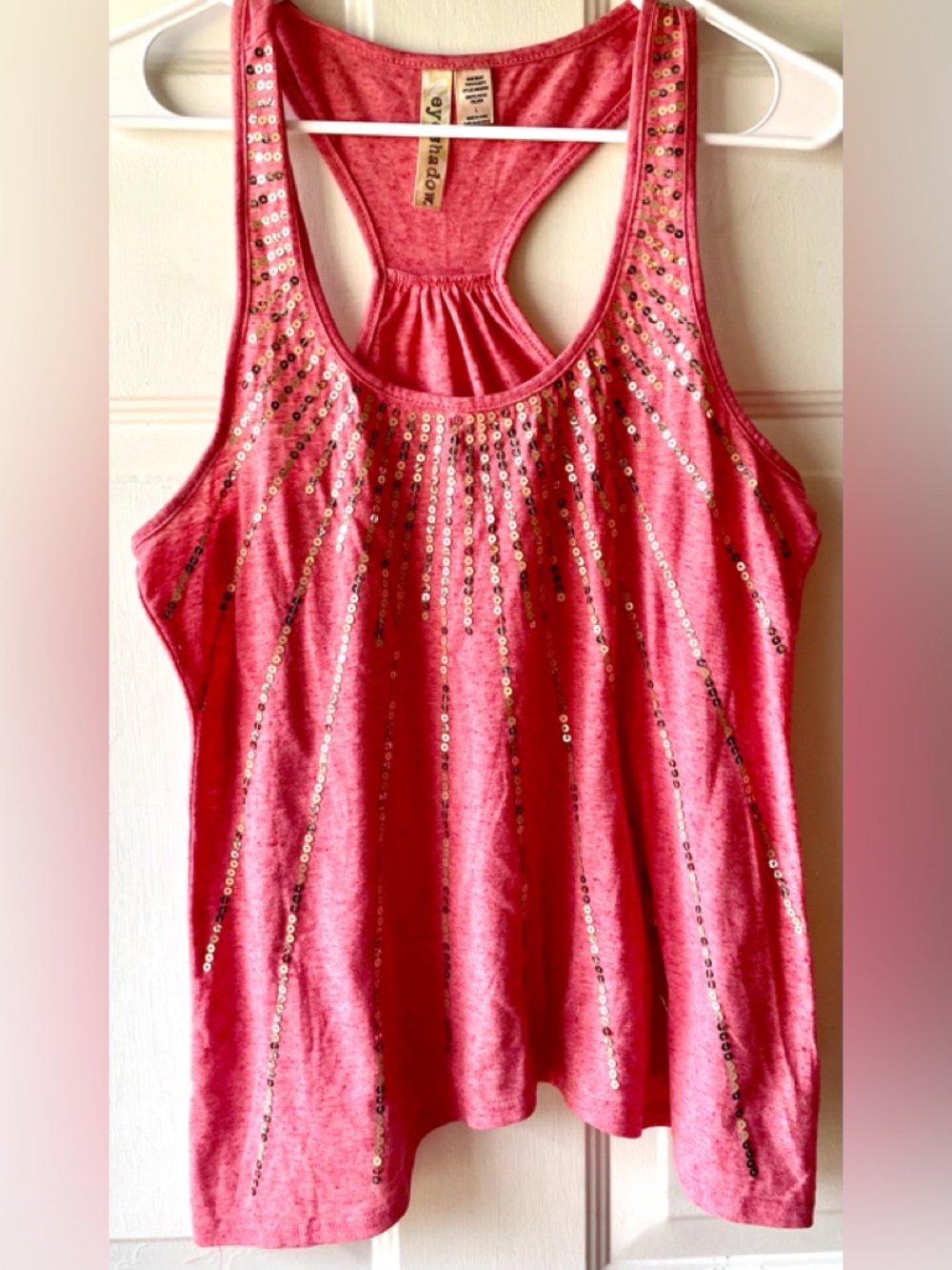 Eyeshadow Coral Pink Gold Sequin Sunburst Marled Poly Linen Racerback Tank Top L